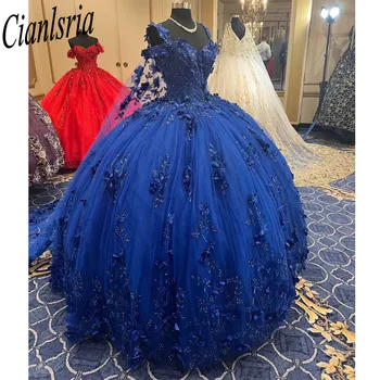 Королевское синее бальное платье Quinceanera Платья с накидкой 15 Вечеринка 3D Цветок Золушка 16 Платья принцессы с запахом