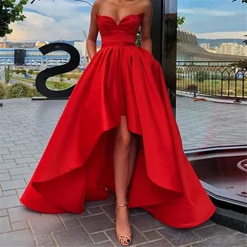 Красный Высокий-низкий Плюс Размер Атлас Выпускной Вечеринка Vestido De Noiva Sereia Платье Халат De Soiree Возлюбленная Рукава Вечерние платья