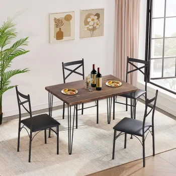 Кухонный обеденный стол для обеденной зоны, уголок для завтрака, 4 стула с металлическим каркасом из полиуретана, прямоугольный, набор из 5 штук, коричневый