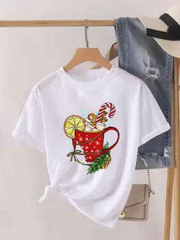 Леди Новый год Прекрасный сезон Акварель с принтом с коротким рукавом Мода Женская рубашка Футболка Топ Рождественская одежда Одежда Графическая футболка
