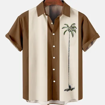 Летние гавайские рубашки оверсайз для мужчин кокосовая пальма Печать Повседневные цветные полосы Мода Винтаж Харадзюку Мужская одежда