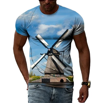  Летний досуг Ветряная мельница Шаблон Мужская футболка Хип-хоп 3D Печать Личность Шея С коротким рукавом Модная одежда