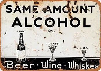 Металлический знак - одинаковое количество алкоголя, пиво, вино, виски - винтажный вид