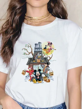 Микки Минни Смешной принт на Хэллоуин Белый женский футболка Disney Горячая продажа Четыре сезона Короткие рукава Мультяшные топы Одежда Базовая