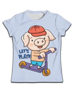 Милая мультяшная свинья скутер Детская одежда для девочек Синяя футболка Детская повседневная летняя одежда для мальчиков 3-14 лет