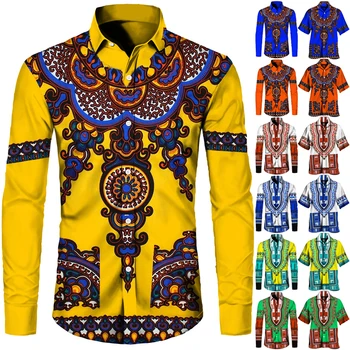 Мода Африканский принт Мужские рубашки с коротким / длинным рукавом Этнический стиль Отложной воротник Пуговицы Топы Примитивная племенная одежда для пары