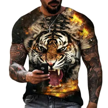  Мода Свирепые мужские футболки с 3D-печатью Лето Тигр Животное с круглым вырезом Большой размер с коротким рукавом Негабаритные футболки Топы