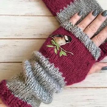Мода Теплая строчка Вышитые перчатки Женские перчатки без пальцев Трикотажные