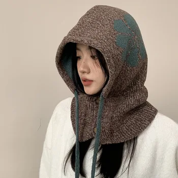  Мода в корейском стиле Универсальная цветочная шапка для женщин Зима Теплый шейный шарф Пара Стиль Защита ушей Шерстяные вязаные шапки