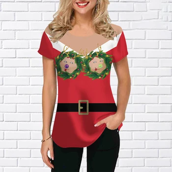 Модная женская футболка Счастливого Рождества Футболка с принтом для женщин Повседневная футболка с вырезом Holiday Party Женская одежда Рождественские топы