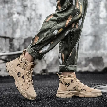 Модные мужские ботинки Тактические военные боевые ботинки Шнуровка на открытом воздухе Походная обувь Легкая нескользящая мужская платформа Пустынные ботильоны