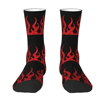 Модные носки с принтом Red Glitters Flames для мужчин Женщины Стрейч Лето Осень Зима Винтаж Эстетические Горящие Пожарные Экипаж Носки