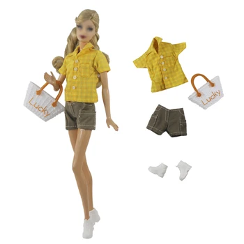 Модный желтый набор одежды для куклы Барби Блузка Рубашка Шорты Обувь Счастливая сумка Наряды для 1/6 кукол Аксессуары Детские игрушки
