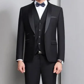 Модный черный костюм для мужчин Slim Fit Однобортная шаль Лацкан Удобная вечеринка 3 шт. Куртка Брюки Жилет Свадебный мужской блейзер
