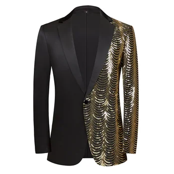 Мужская роскошная волна полосатый золотой пиджак с пайетками шаль лацкан одна пуговица блестящий костюм для свадебной вечеринки куртки черный смокинг блейзер