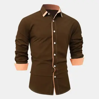 Мужская рубашка Лацкан Длинный рукав Однобортный контрастный цвет Облегающий Формальный деловой стиль Мужской офисный топ