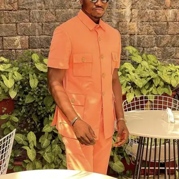Мужские костюмы Лето Ярко-оранжевые с короткими рукавами Брюки Классический повседневный мужской набор Slim Wear Новейший дизайн Костюм Поставка на заказ