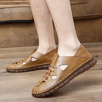 Мужские сандалии с закрытым носком 2023 Летняя мода Пляжная обувь больших размеров Модные повседневные кожаные сандалии для мужчин Легкая обувь