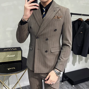 Мужской двубортный костюм S-7XL (костюм + жилет + брюки) Стильный и красивый деловой корейский тонкий полосатый костюм из 3/2 предметов