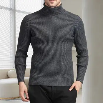 Мужчины Ребристый трикотаж Мужская водолазка Вязаный свитер Теплый осенне-зимний однотонный пуловер с узким кроем в рубчик для мужчин