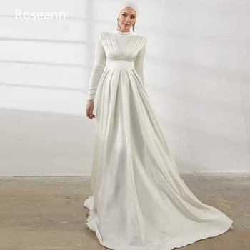 Мусульманские изысканные свадебные платья русалки атласные с полной драпировкой плиссировка с оборками с высоким воротником платья невесты длина до пола халат de mariée