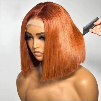 Мягкие имбирно-оранжевые шелковистые прямые выщипанные короткие тупые стрижки боб глубокие кружевные передние парики для чернокожих женщин с афро-детскими волосами ежедневно