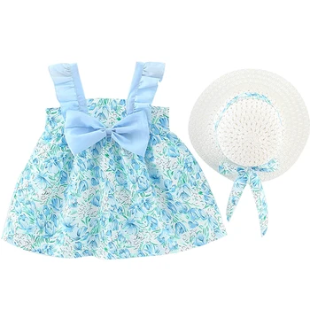  Набор из 2 предметов 2023 Летняя детская одежда Наряды для девочек Корейский милый бант Цветы Платье принцессы без рукавов + шляпа Платья для малышей BC2175
