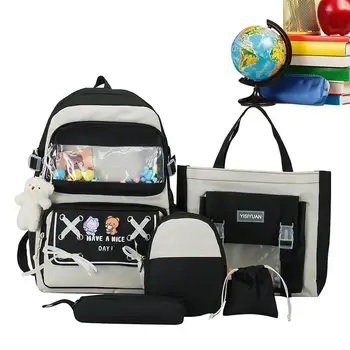 Набор рюкзаков для девочек 5 шт.Эстетический школьный рюкзак с булавками и плюшевыми подвесками большой емкости Водонепроницаемый Симпатичный для краткости
