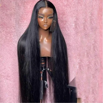 Натуральный черный 26-дюймовый длинный предварительно выщипанный без клея мягкий 180% плотности глубокий шелковистый прямой кружевной передний парик для женщин детские волосы ежедневно