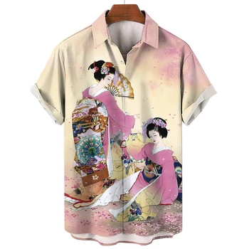 Новая мода Мужские рубашки Повседневная летняя одежда 3d Гейша Принт Короткие рукава Топ Мужская блузка оверсайз Гавайская рубашка Мужчина 2023