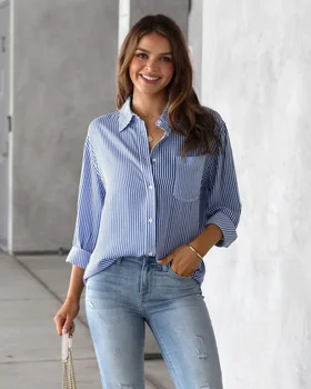 Новая полосатая блузка с длинным рукавом для женщин 2023 весна Женские элегантные женские топы на пуговицах Модная негабаритная офисная женская рубашка