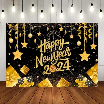 Новогодние принадлежности для вечеринок 2024 Черное золото С Новым годом 2024 Фон Баннер Звезды Подарочная коробка Шаблон Фоновые украшения