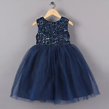 Новый синий принцесса девушка вечерние платья цветок с пайетками стиль свадебное платье для рождественских девочек одежда 3-7 лет