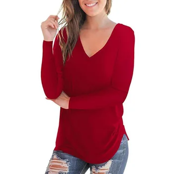 Осенняя и зимняя мода Женская однотонная удобная нижняя рубашка Новая женская футболка с V-образным вырезом и длинным рукавом Женская футболка