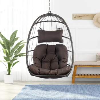 Открытый плетеный стул из ротанга Стул-гамак Подвесное кресло с алюминиевой рамой и темно-серой подушкой без подставки