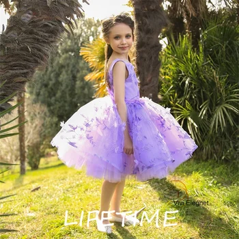 Очаровательные фиолетовые платья для девочек с аппликацией из тюля до колен без рукавов для детей 2023 Scoop свадебные платья для вечеринки