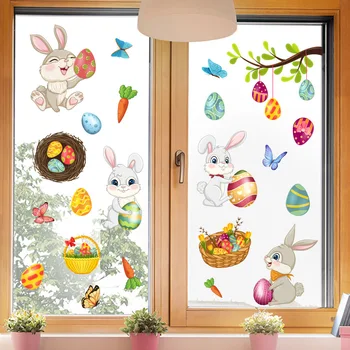 Пасхальные наклейки на окна Украшение спальни Мультяшный кролик яйцо Водонепроницаемый план Наклейки на стену Эстетический декор комнаты Аксессуары для дома