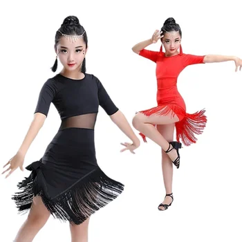 Платья для девочек Латинский танец с бахромой Одежда для латиноамериканских танцев Детский конкурс Костюм сальсы Черный Красный Детские Бальные Платья Танго