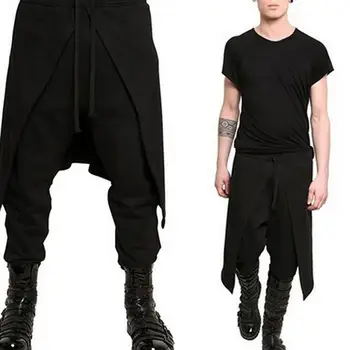 Поддельные мужские брюки из двух частей Хип-хоп Провисшие брюки Карманы на шнурке Готический панк стиль Провисшие брюки Мужские брюки с низкой промежностью Брюки