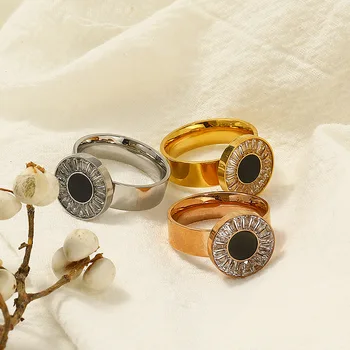 Простые круглые обручальные кольца с AAA + кубическим цирконием 2023 Корейский стиль Золотой цвет Нержавеющая сталь Ювелирные изделия для пальцев для женщин и девочек