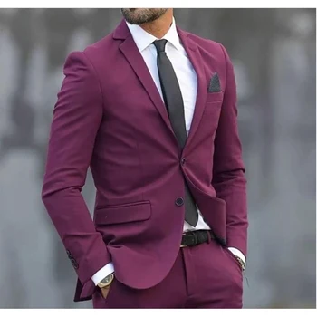 Пурпурно-красный Мужские костюмы Slim Fit Formal Occasion Куртка из 2 шт. Брюки Зубчатый лацкан Повседневный бизнес Полный комплект ropa hombre 2024