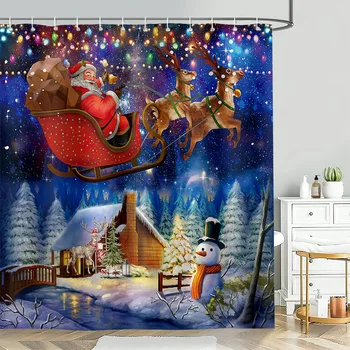 Рождественская занавеска для душа Санта-Клаус с мультяшным принтом, водонепроницаемая занавеска для душа с крючком, перегородка для ванной комнаты 1 шт