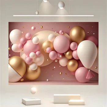 Розовый и золотой воздушный шар Торт на день рождения девочки Измельченный богемный торт из воздушного шара Раздавленный портретный декоративный фон