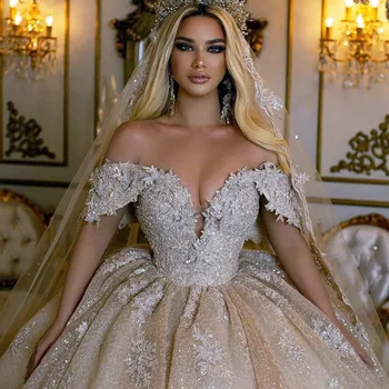 Роскошное свадебное платье в Дубае Аппликации с открытыми плечами Изготовленные на заказ свадебные бальные платья из бисера Vestidos De Novia