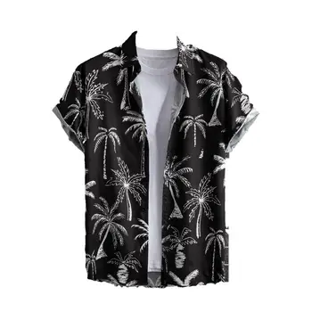 Рубашка с тропическим принтом Мужская рубашка в стиле тропических каникул с цифровым принтом кокосовой пальмы Однобортный лацкан на лето