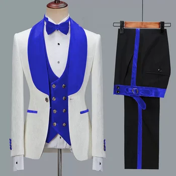 Самый продаваемый пэчворк Жаккардовый смокинг Комплект Хозяин Свадебная одежда Три части Костюмы для мужчин Королевский синий деловой пальто Брюки Костюм