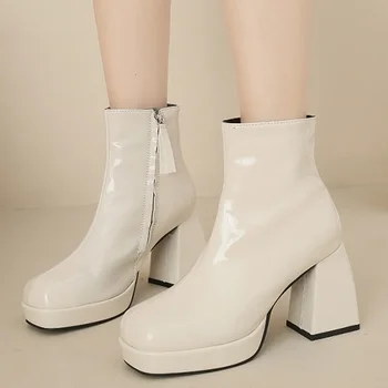 Сексуальные женские ботинки челси на лодыжке 2024 зимние туфли на высоком каблуке Новый дизайнерский бренд Панк сапоги с квадратным носком Застежка-молния Элегантные туфли-лодочки Femme
