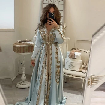 Синий марокканский кафтан Мусульманские вечерние платья А-силуэта V-образный вырез с длинными рукавами Аппликации Дубай Арабский Турция Кафтан Абая Исламское платье