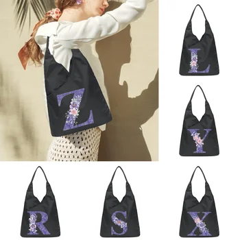  Сумка для женщин Большая сумка Мягкая экологическая косметика для хранения Многоразовые фиолетовые цветы серии Harajuku Style Маленькие плечевые сумки