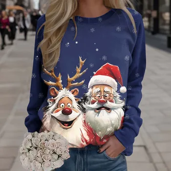 Счастливого Рождества Толстовка для женщин Принт O Шея Круглый вырез Подходит Пуловер Топы Мода С длинным рукавом Тренировочные рубашки Свободная блузка